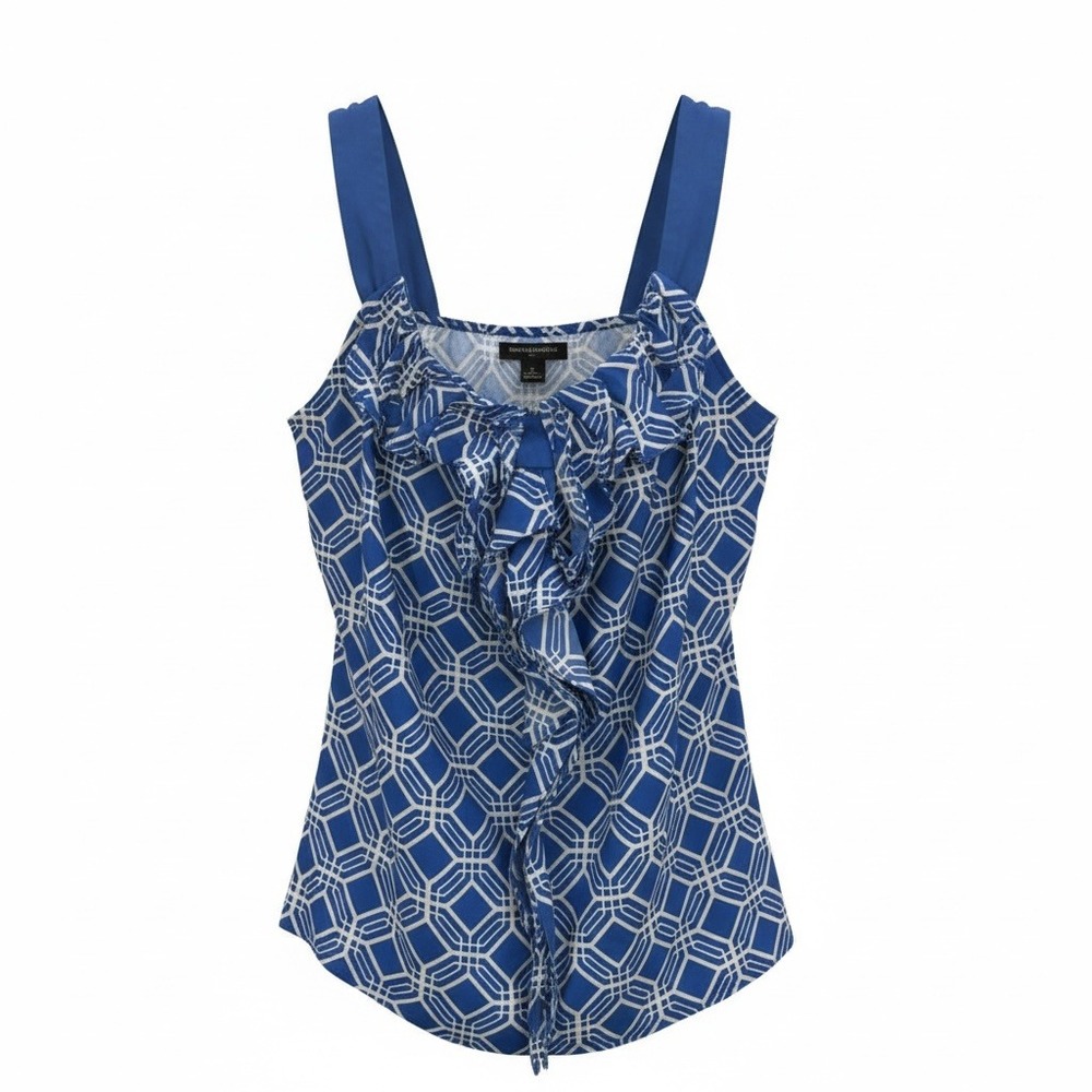 Y2K Banana Republic Blue White Geometric Ruffle Tank Top Blouse M Medium